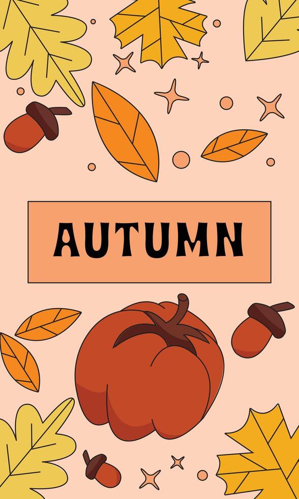 Autumn poster or cover with beautiful bright leaves and pumpkin fruit outline illustration design vector
