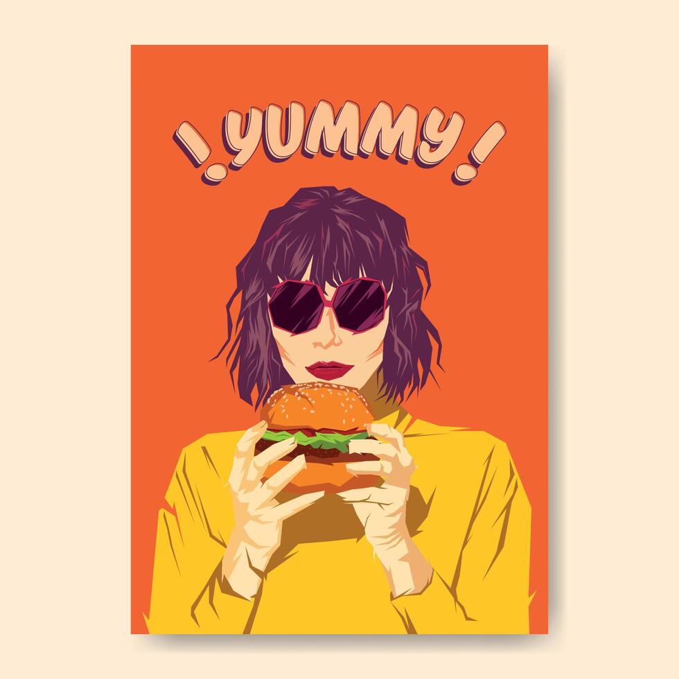 illustration of a girl with big glasses eating a hamburger, very pop design on a salmon background, and title with yummy expression vector