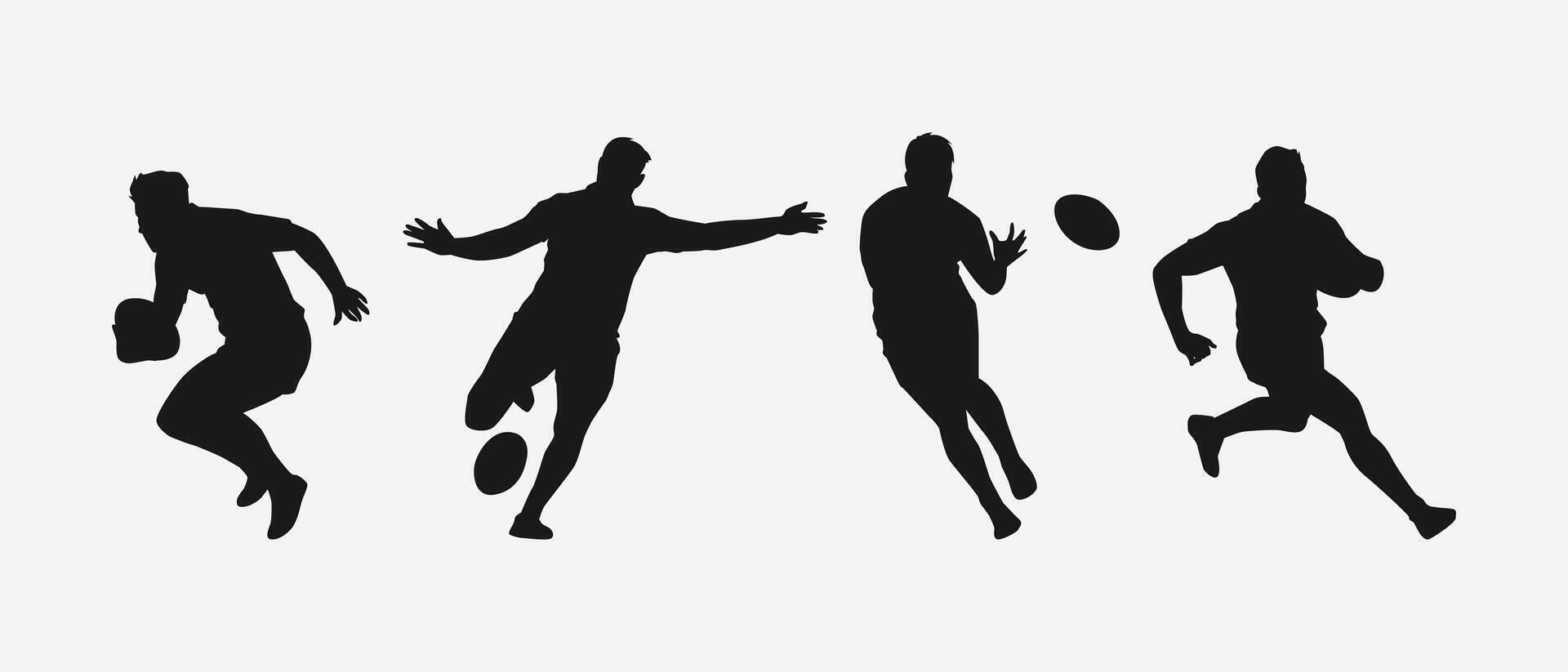 set of silhouettes of male rugby athlete with different pose, gesture. isolated on white background. graphic illustration. vector