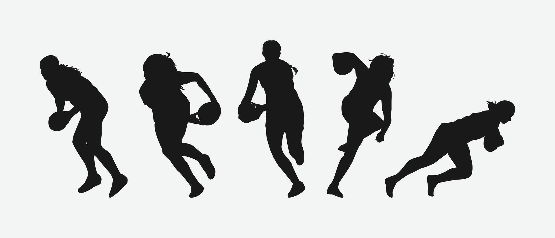 set of silhouettes of female rugby athlete with different pose, gesture. isolated on white background. graphic illustration. vector