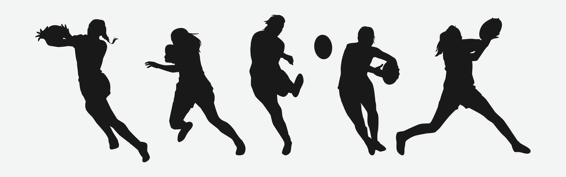 set of silhouettes of female rugby athlete with different pose, gesture. isolated on white background. graphic illustration. vector
