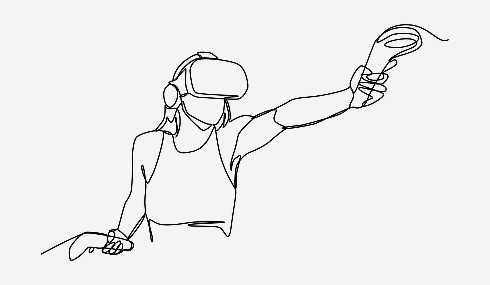 Continuous one line drawing of girl using virtual reality headset and playing shooter game. Editable line. Graphic illustration. vector