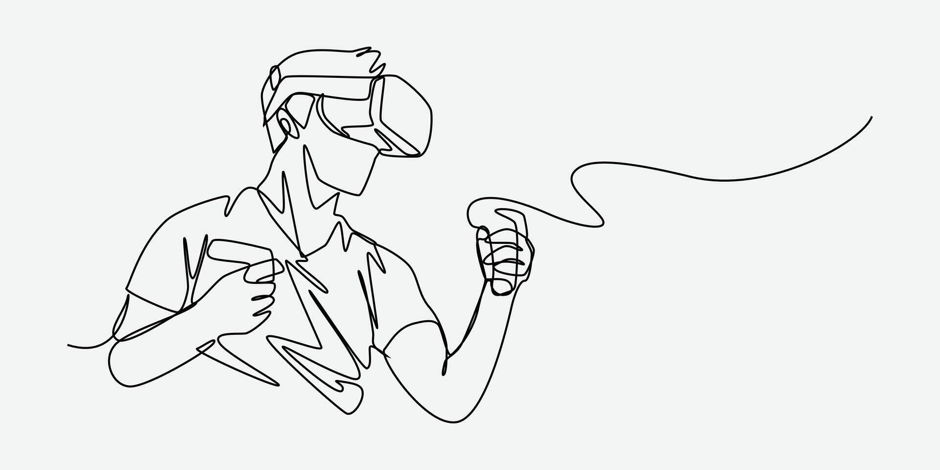 Continuous one line drawing of guy using virtual reality headset and playing boxing, fighting, action game. Editable line. Graphic illustration. vector