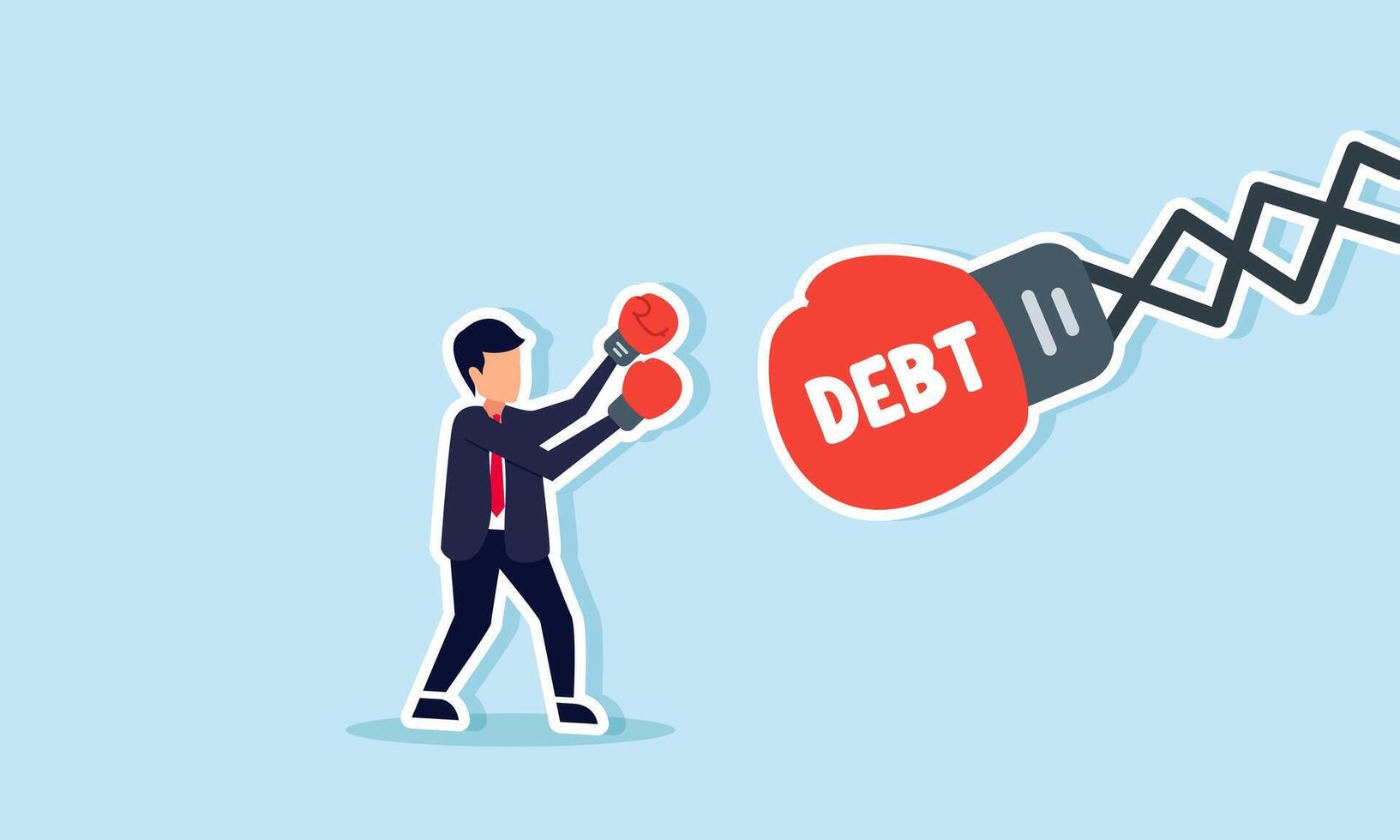 Debt management, fight with debt for financial freedom, concept of A professional businessman, in boxing gloves, fights a creditor's huge Debt glove vector