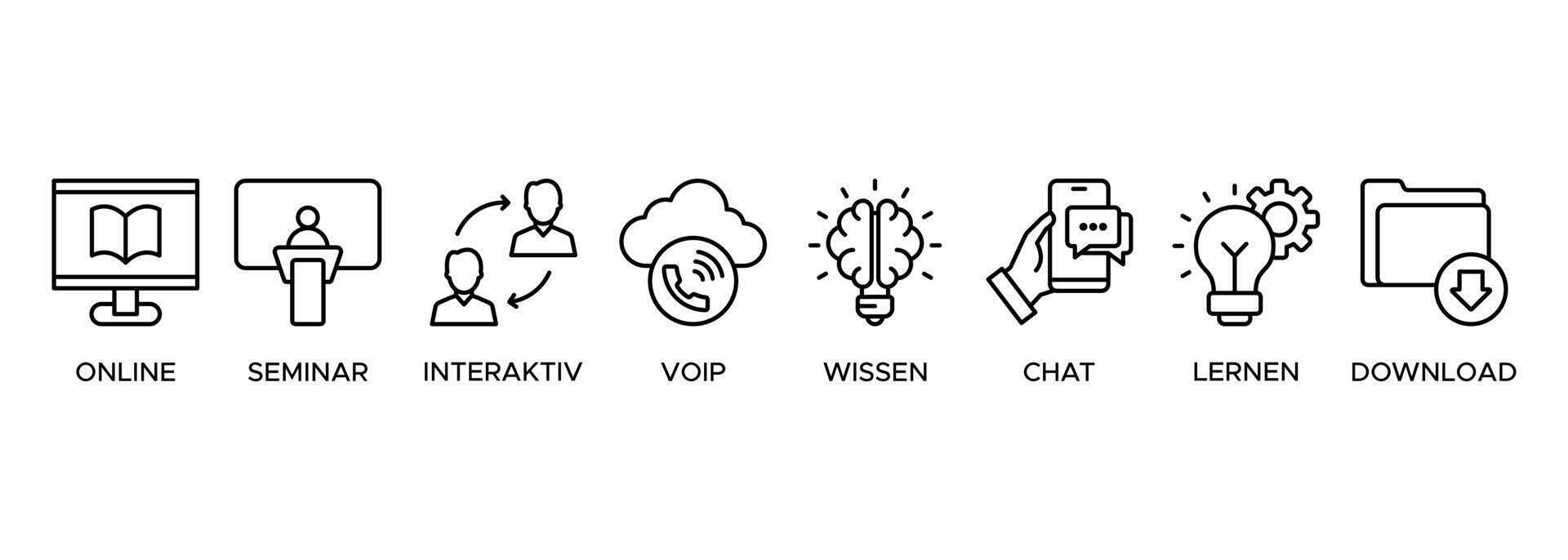 E-learning banner web icon illustration concept with icon of online, seminar, interaktiv, voip, knowledge, chat, study and download vector