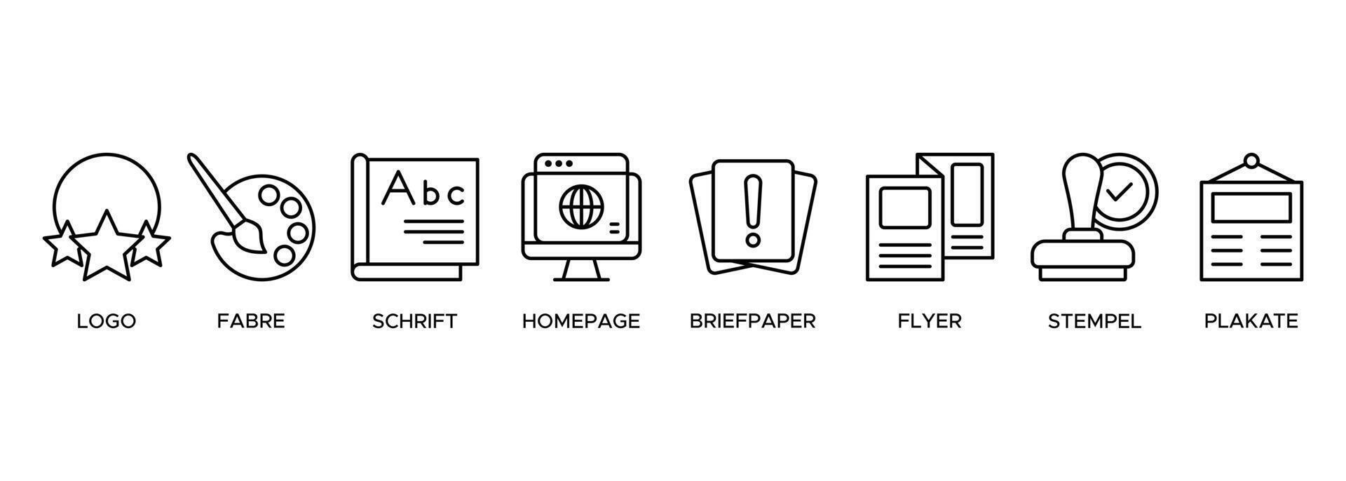 Corporate design banner website icon illustration concept with icon of logo, farbe, schrift, homepage, brief paper, flyer, stempel and plakate vector