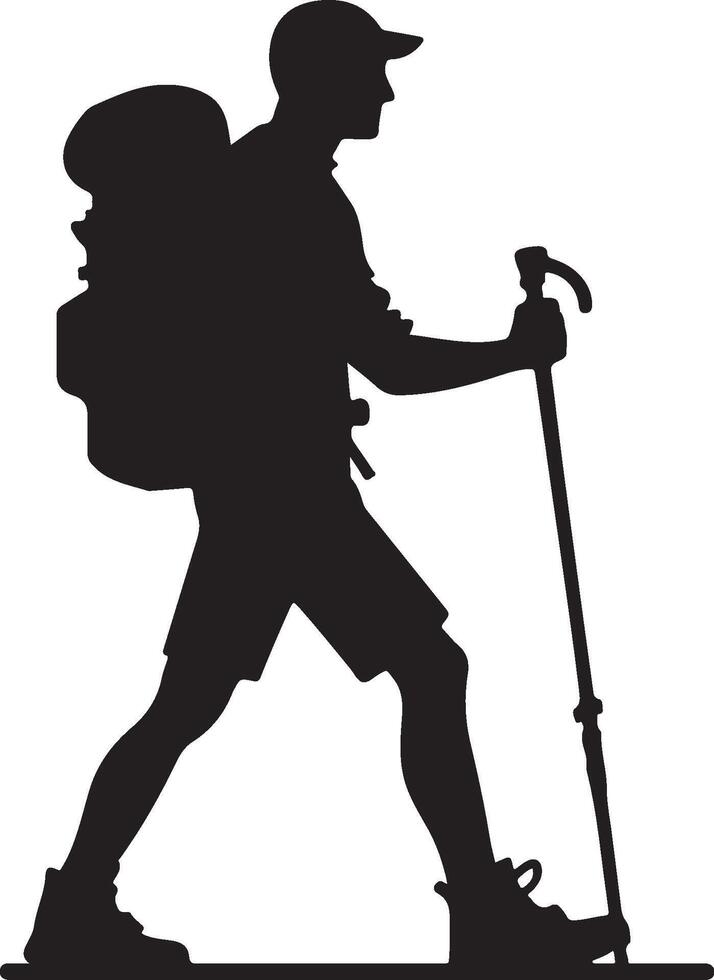 man with backpack walking stick adventure on mountain silhouette illustration vector