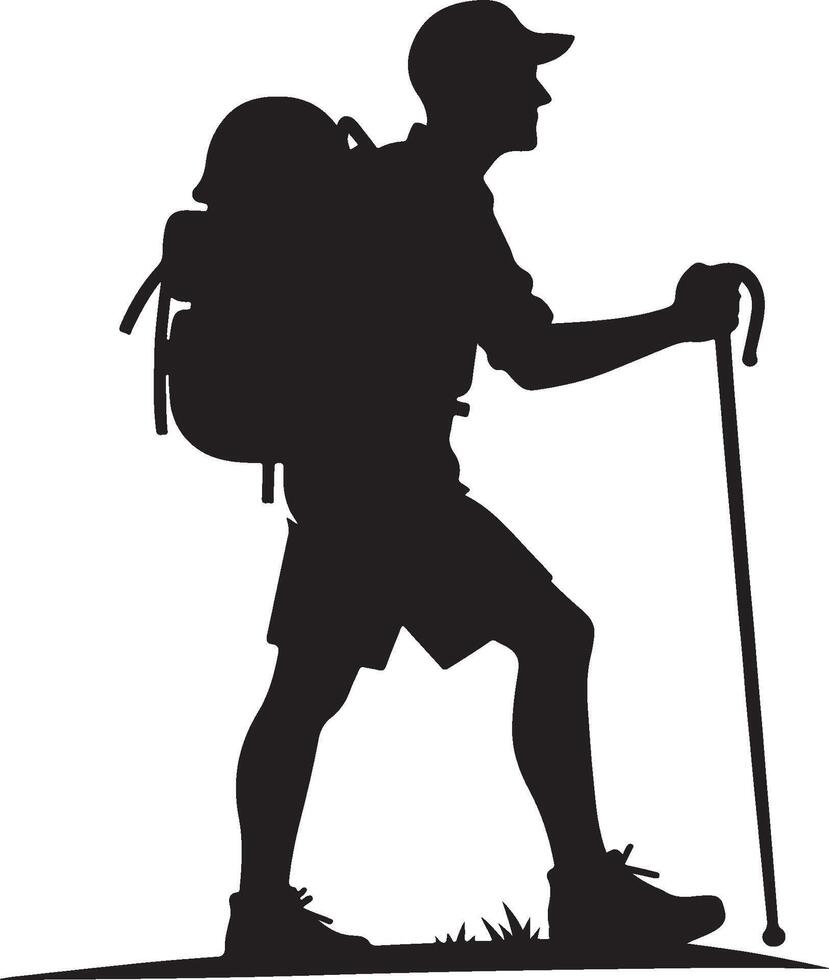 man with backpack walking stick adventure on mountain silhouette illustration vector