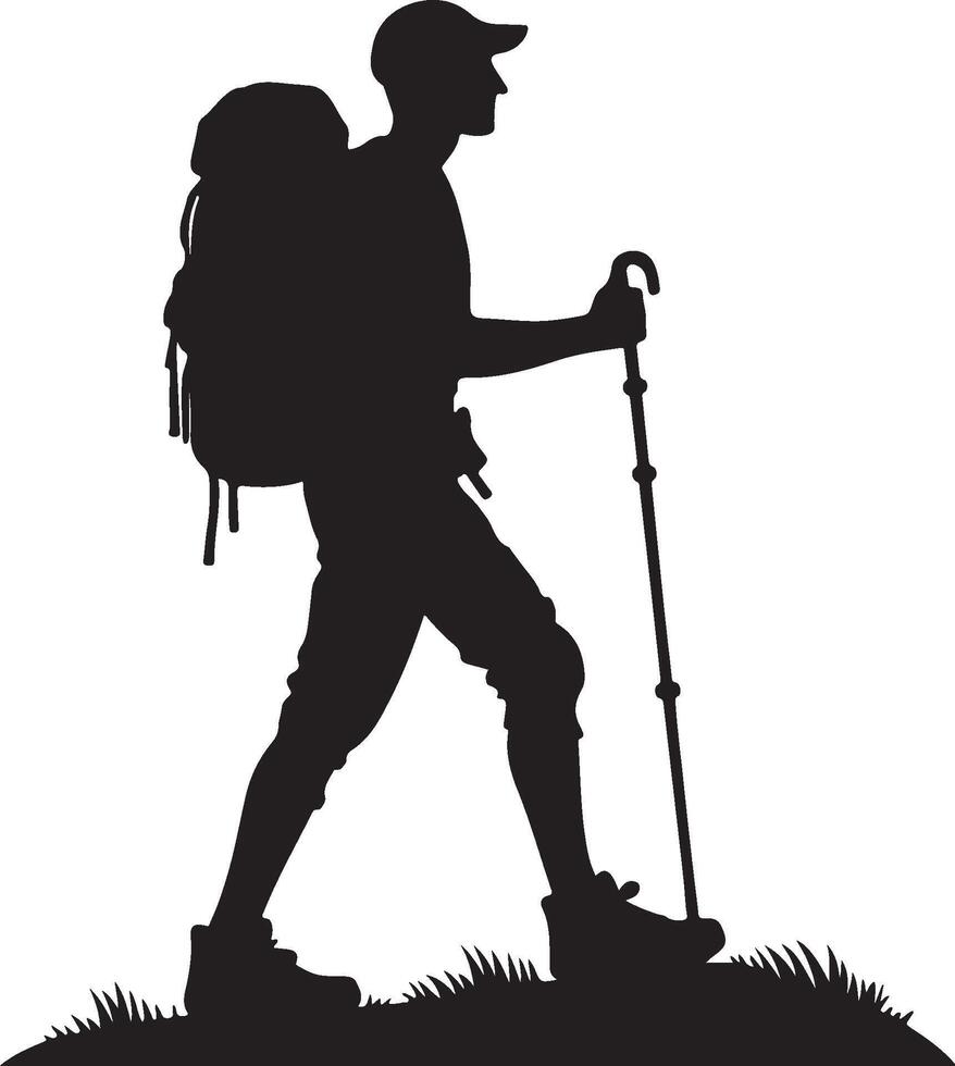 man with backpack walking stick adventure on mountain silhouette illustration vector