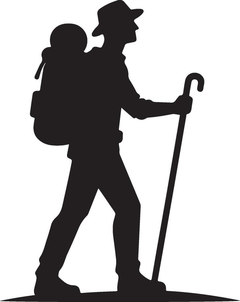 man with backpack walking stick adventure on mountain silhouette illustration vector