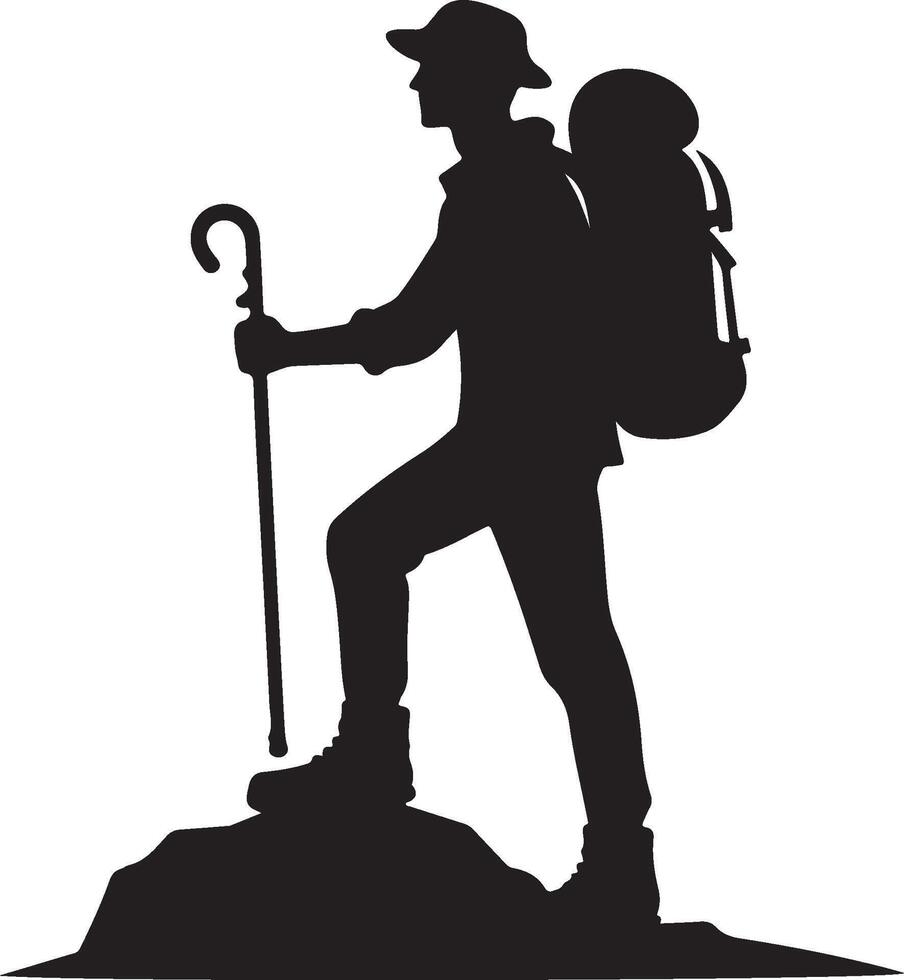 man with backpack walking stick adventure on mountain silhouette illustration vector