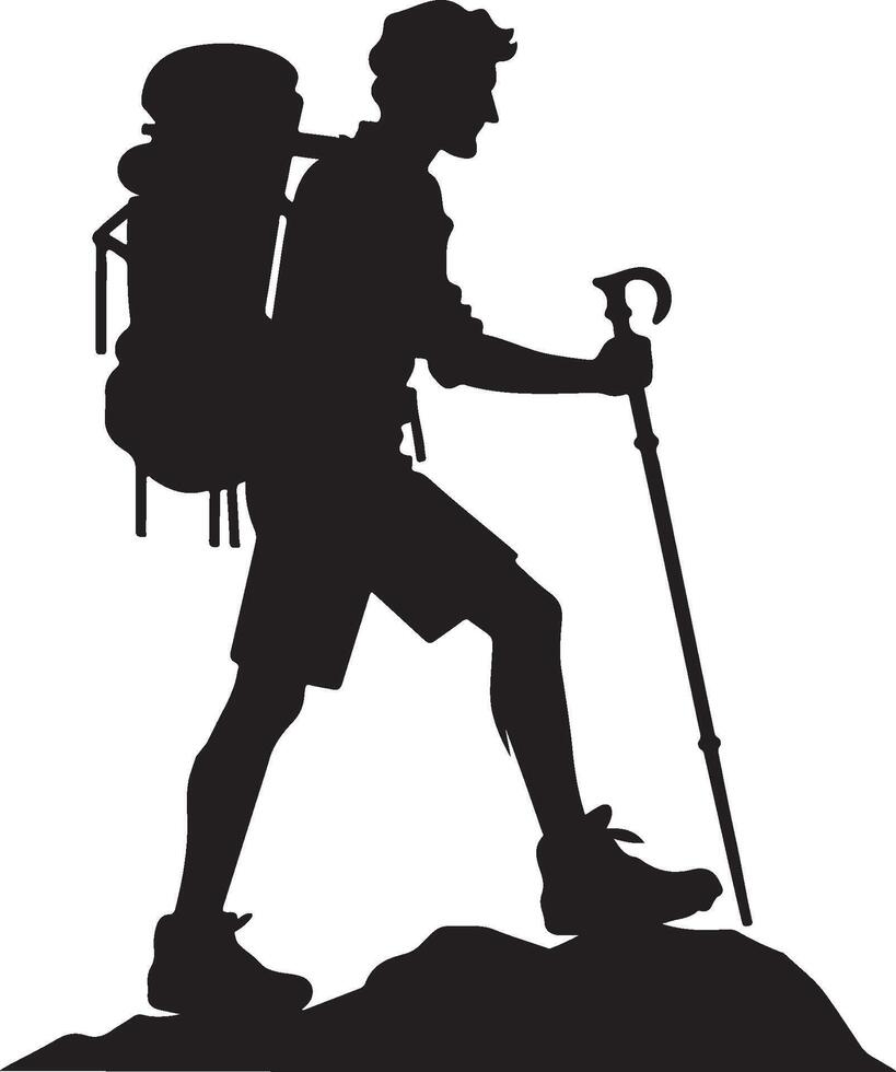 man with backpack walking stick adventure on mountain silhouette illustration vector