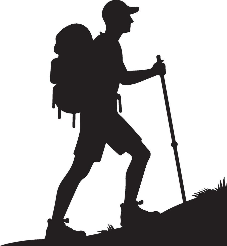 man with backpack walking stick adventure on mountain silhouette illustration vector
