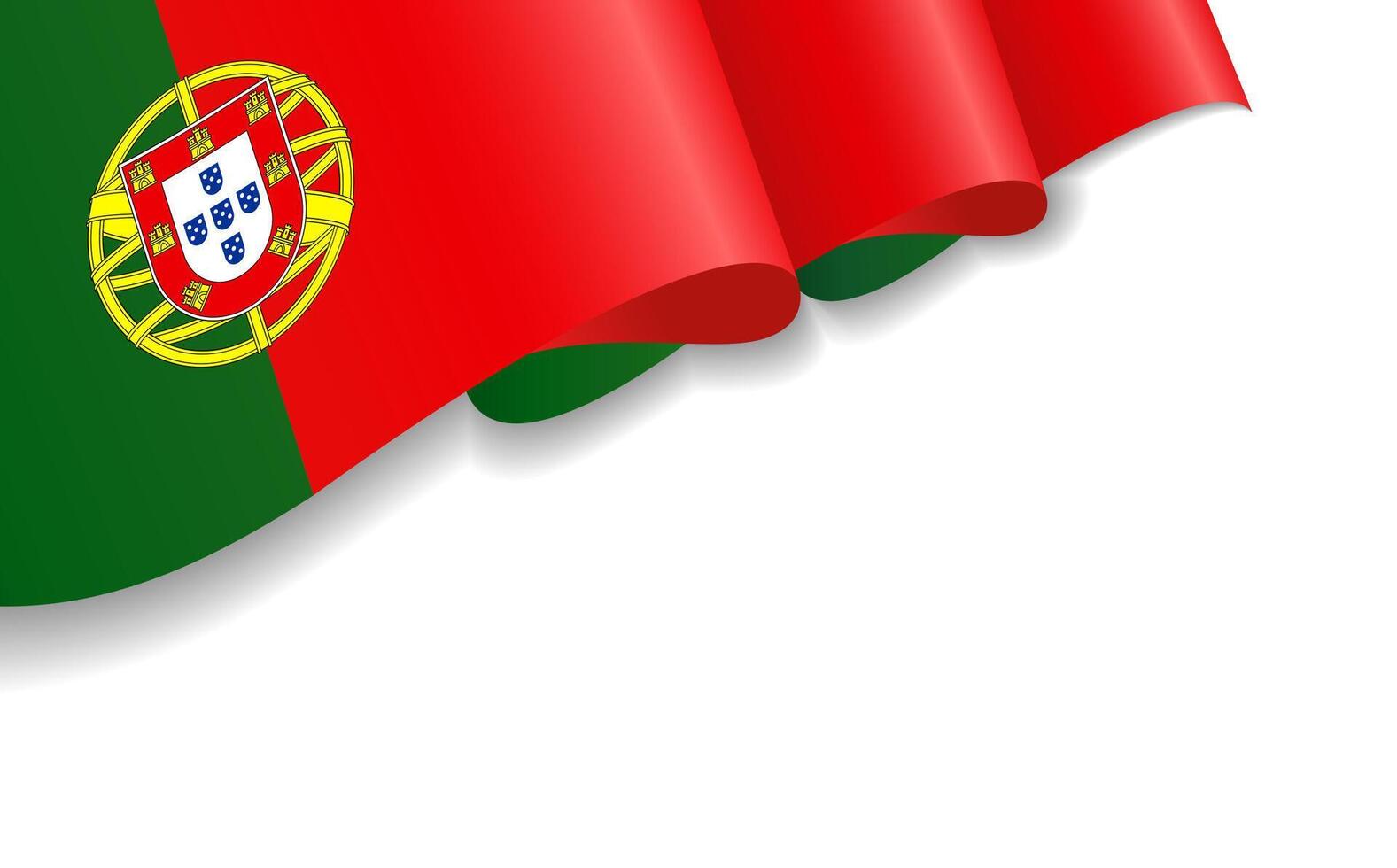 Realistic 3D flag of Portugal, white background. Portuguese national holiday banner with copy space. vector