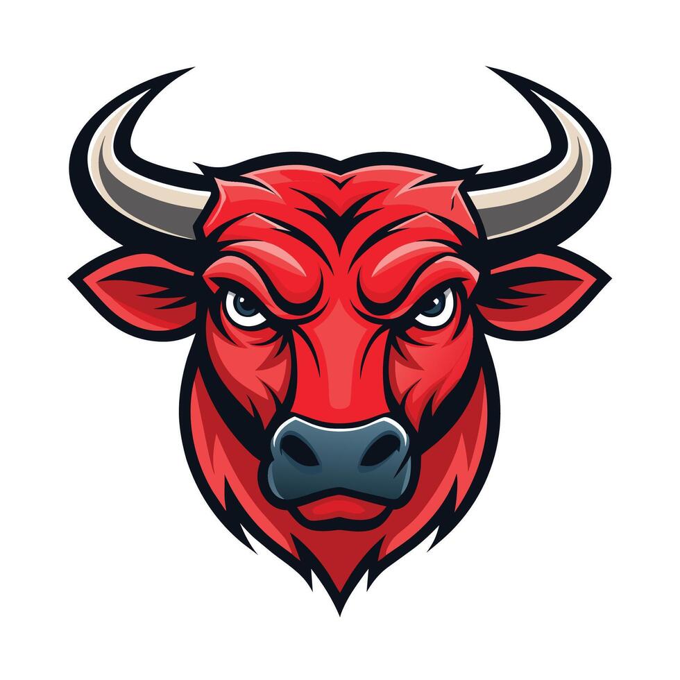A cartoon illustration of a red bull mascot head with a fierce expression, isolated on a white background. vector