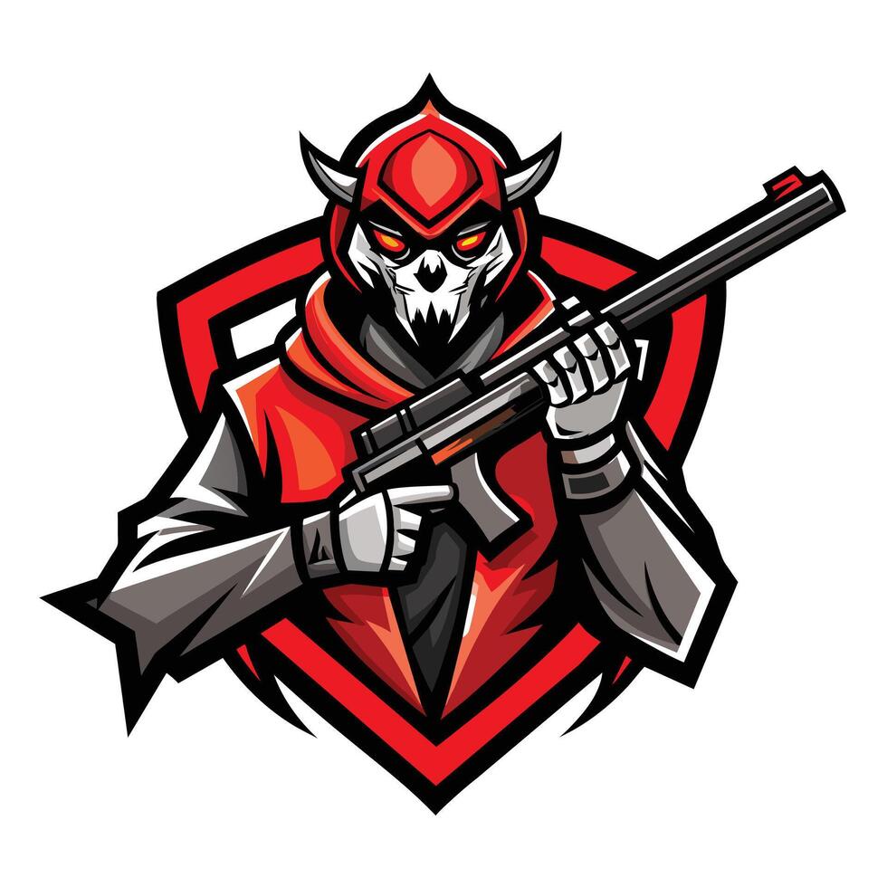 This image shows a red skull-masked figure with horns, holding a rifle and standing in front of a red shield. vector