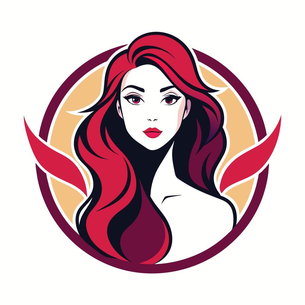 An illustration of a woman with long, flowing red hair, set against a circular background. vector