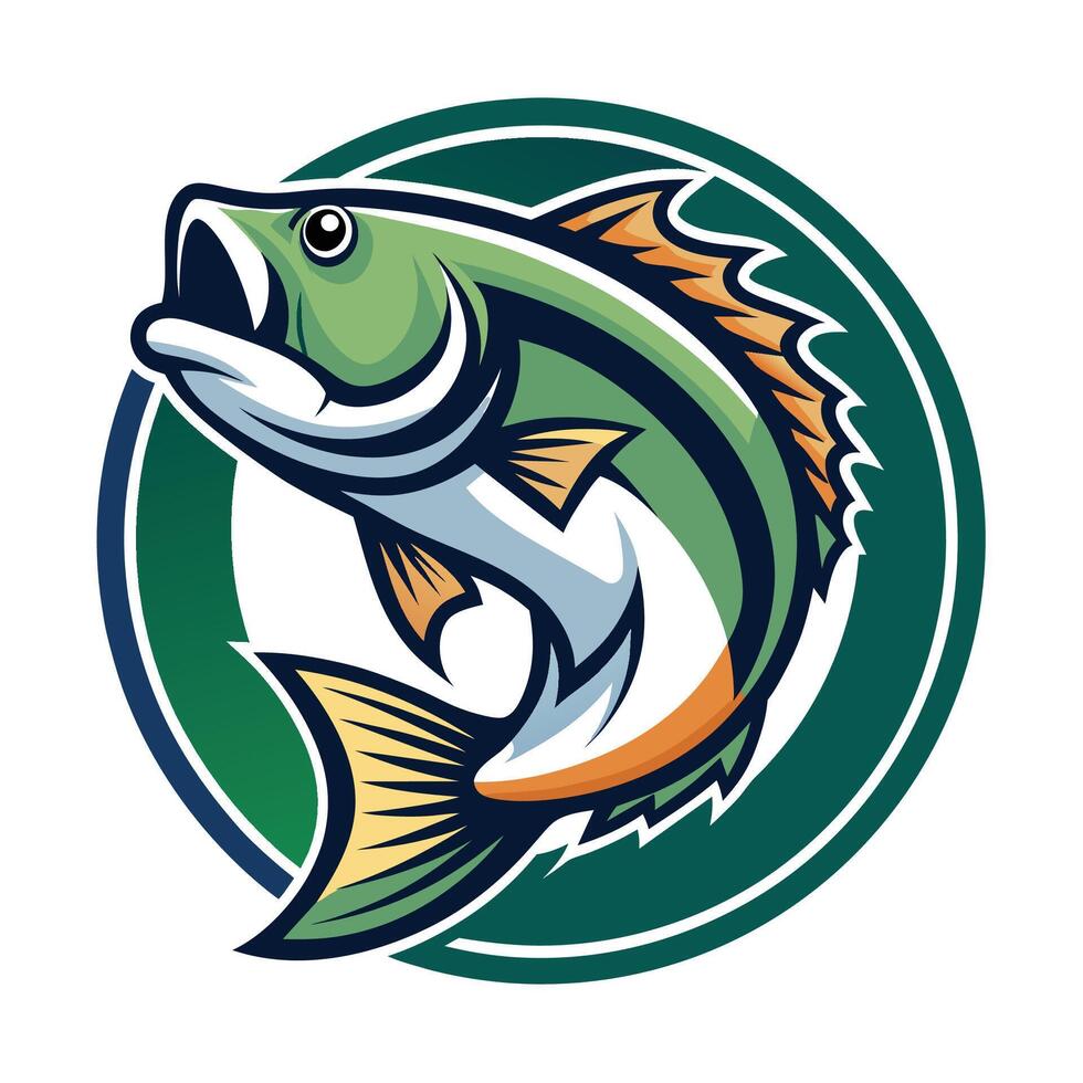 A cartoon-style illustration of a green and yellow fish jumping in a circle with a green background. vector