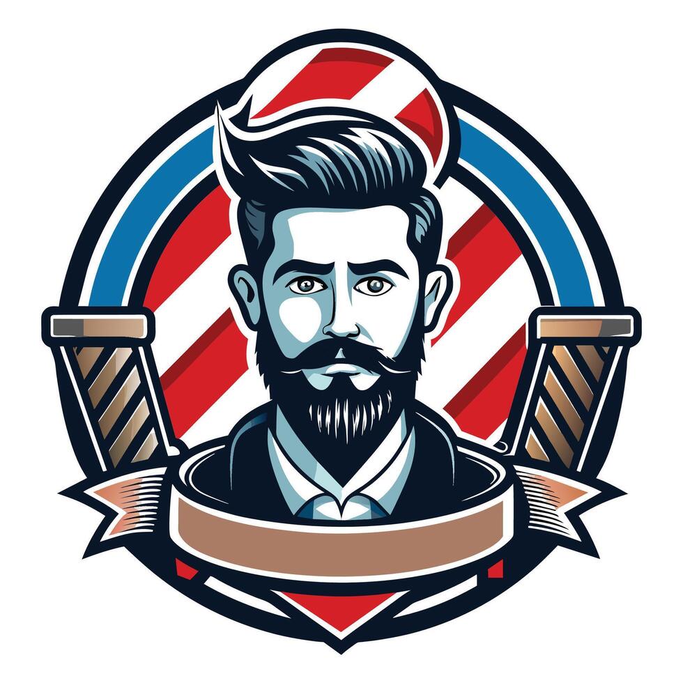 A stylized image of a man with a beard and mustache in a barber shop logo. He is surrounded by a barber pole and a banner. vector