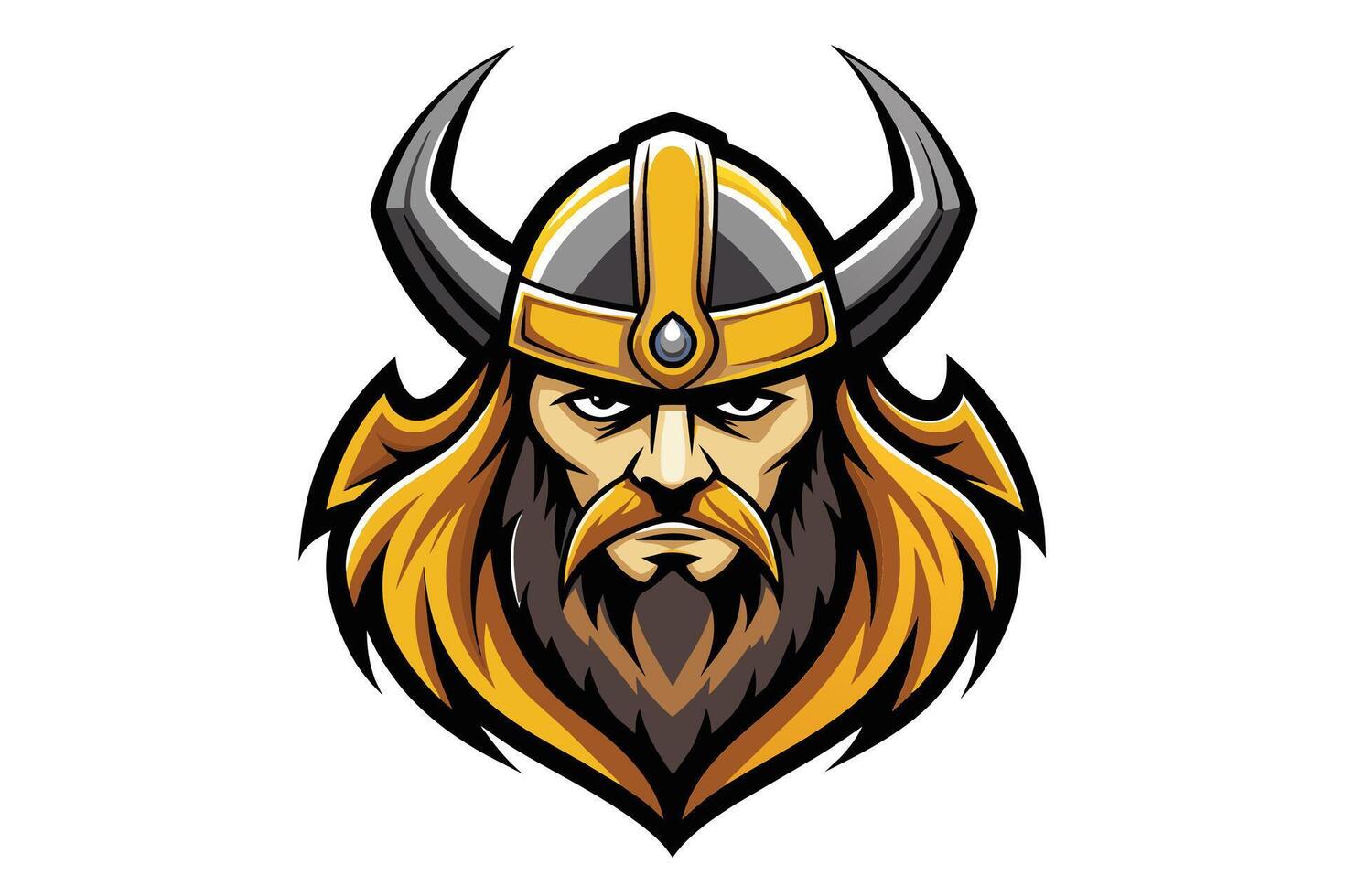 A close-up, illustrated portrait of a Viking warrior with a stern expression, horned helmet, and long beard. vector