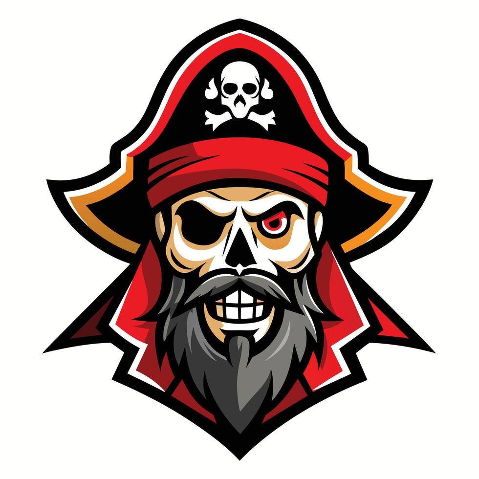 Cartoon pirate captain with skull face, red bandana, black hat with skull, and eyepatch over left eye, plus long dark beard. vector