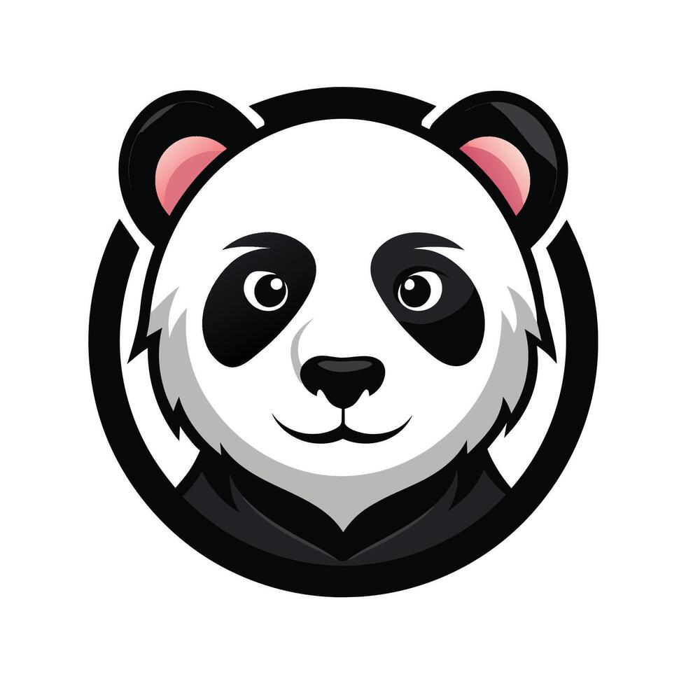A cartoon panda bear head with black eyes and a white face is inside a black circle. The panda is wearing a black jacket. vector