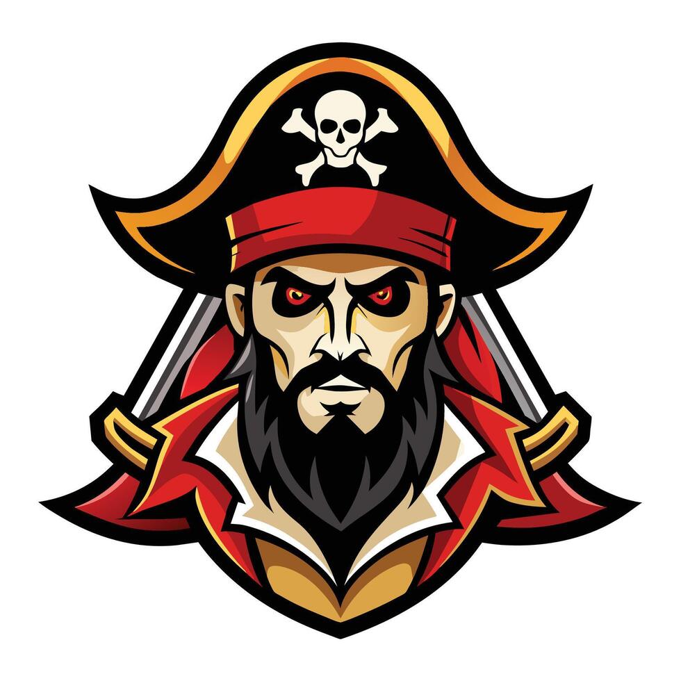 A close-up illustration of a fierce pirate captain with a skull and crossbones hat and swords. vector