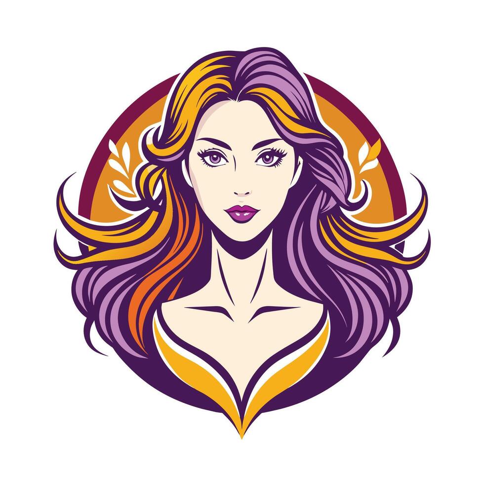 Illustration of a woman with long purple and orange hair. Hair flowing around face, looking directly at viewer. Background is gold and purple circle. vector