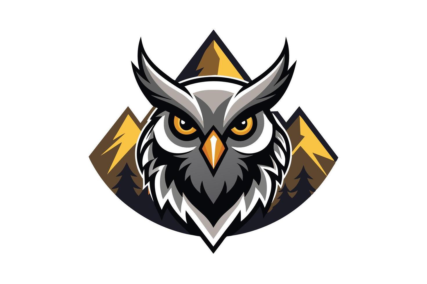 A digital illustration of an owl mascot design. The owl has a serious expression, is facing forward, and is in front of a mountain background. vector