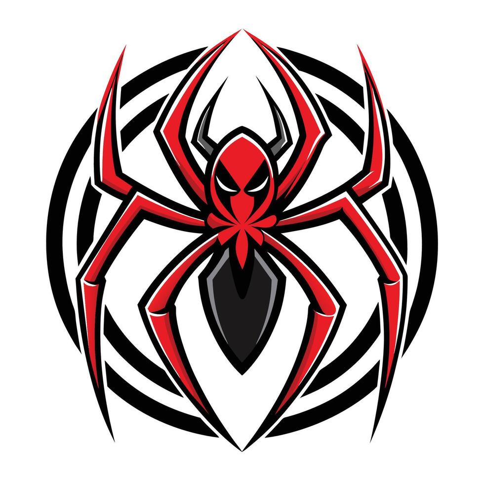 A stylized red spider with a black and white web design. vector