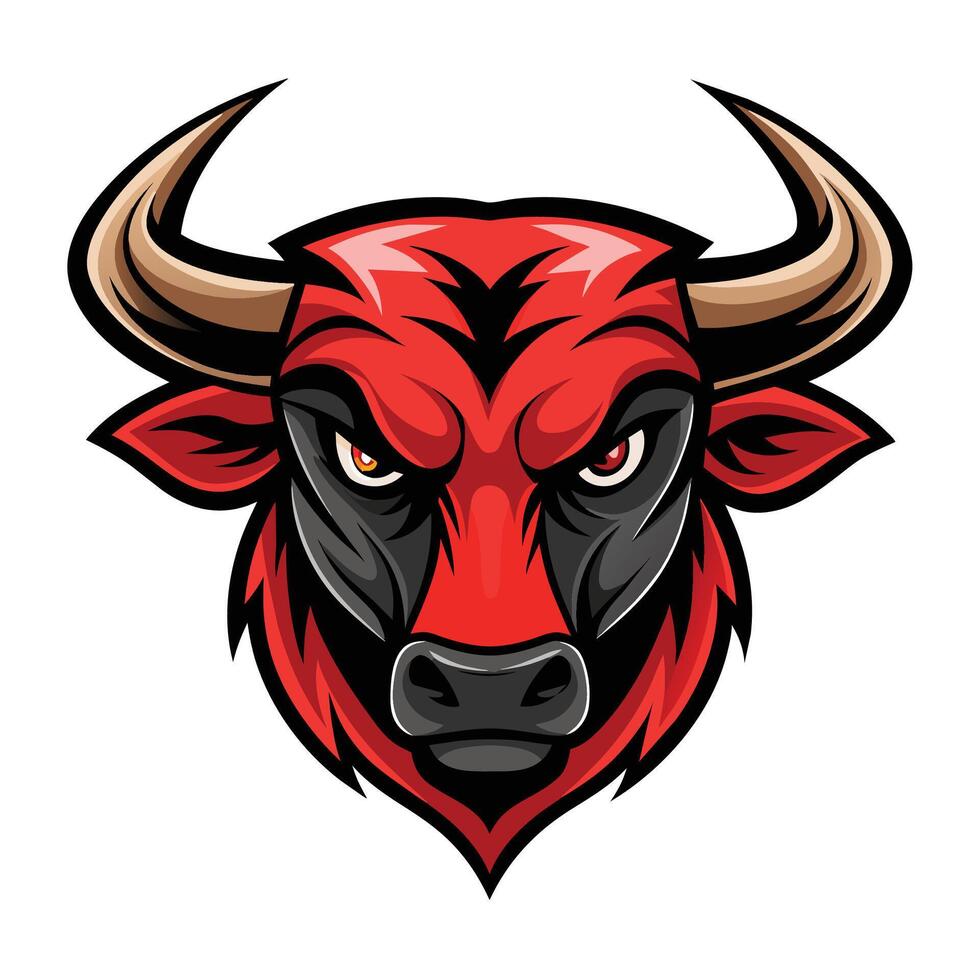 This is a cartoon illustration of a red bull mascot with a fierce expression. It has large, menacing horns and a black nose. vector