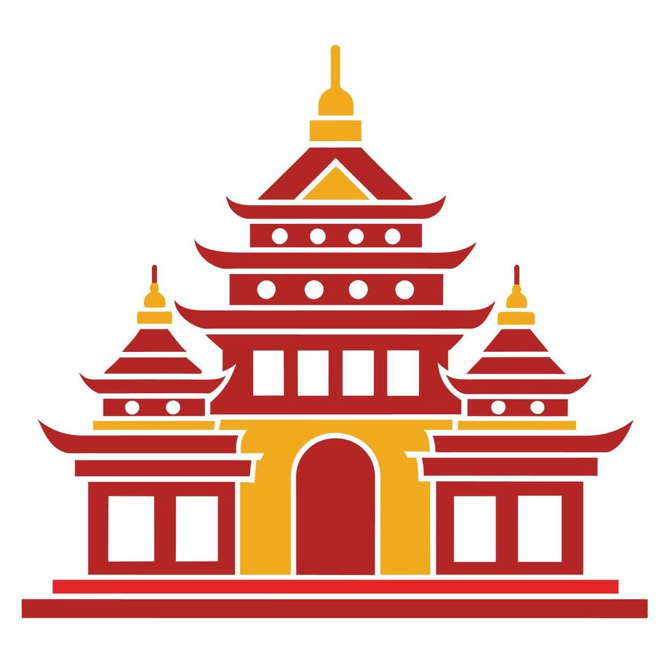 A simple illustration of a traditional pagoda temple with red walls, yellow trim, and a large archway. vector