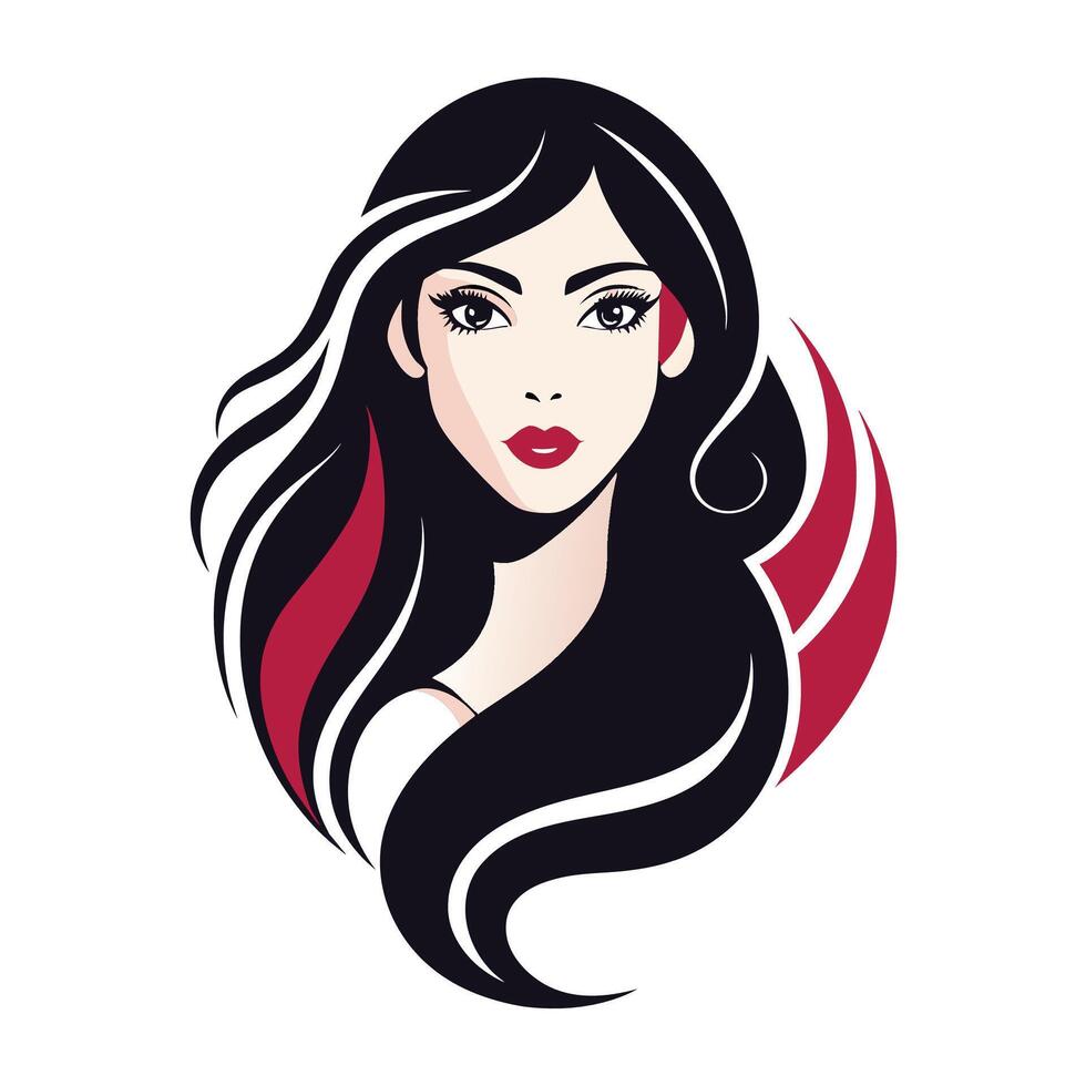 A stylized illustration of a woman with long black hair and red lips. The womans face is centered in the image, and her hair flows down and around her, forming a circle shape. vector