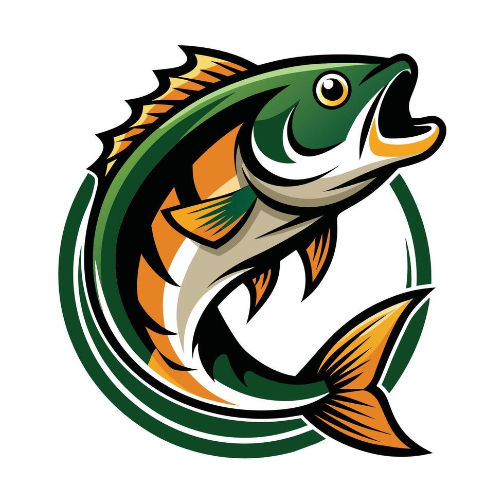 A cartoon-style logo depicting a green and orange fish jumping out of the water. vector