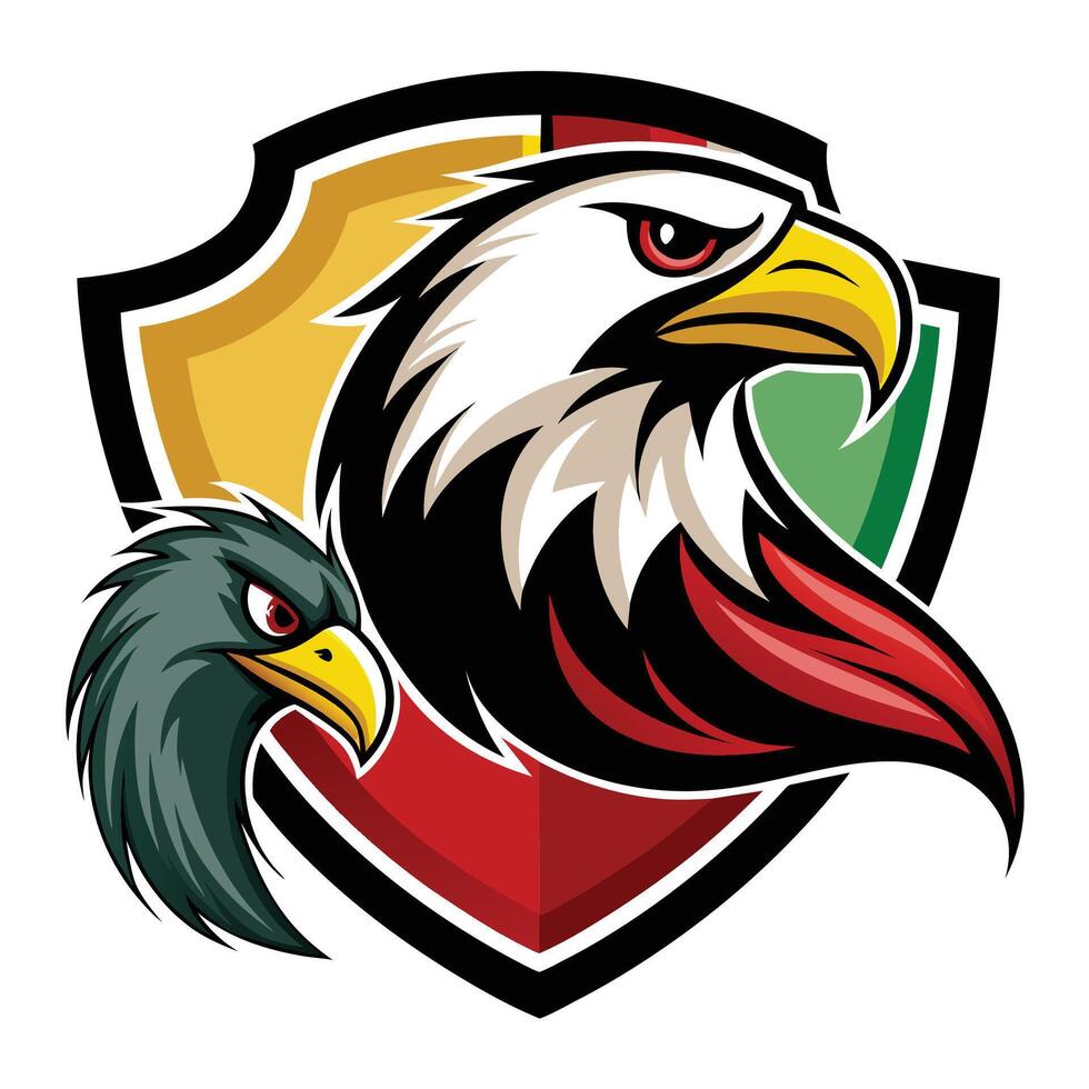 This is a mascot logo featuring an eagle and a hawk inside a shield with colorful details and a white background. vector