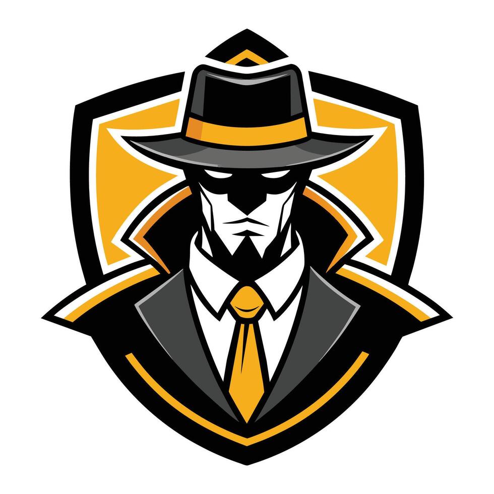 A cartoon illustration of a man wearing a fedora and suit, with a serious expression, inside a shield. vector