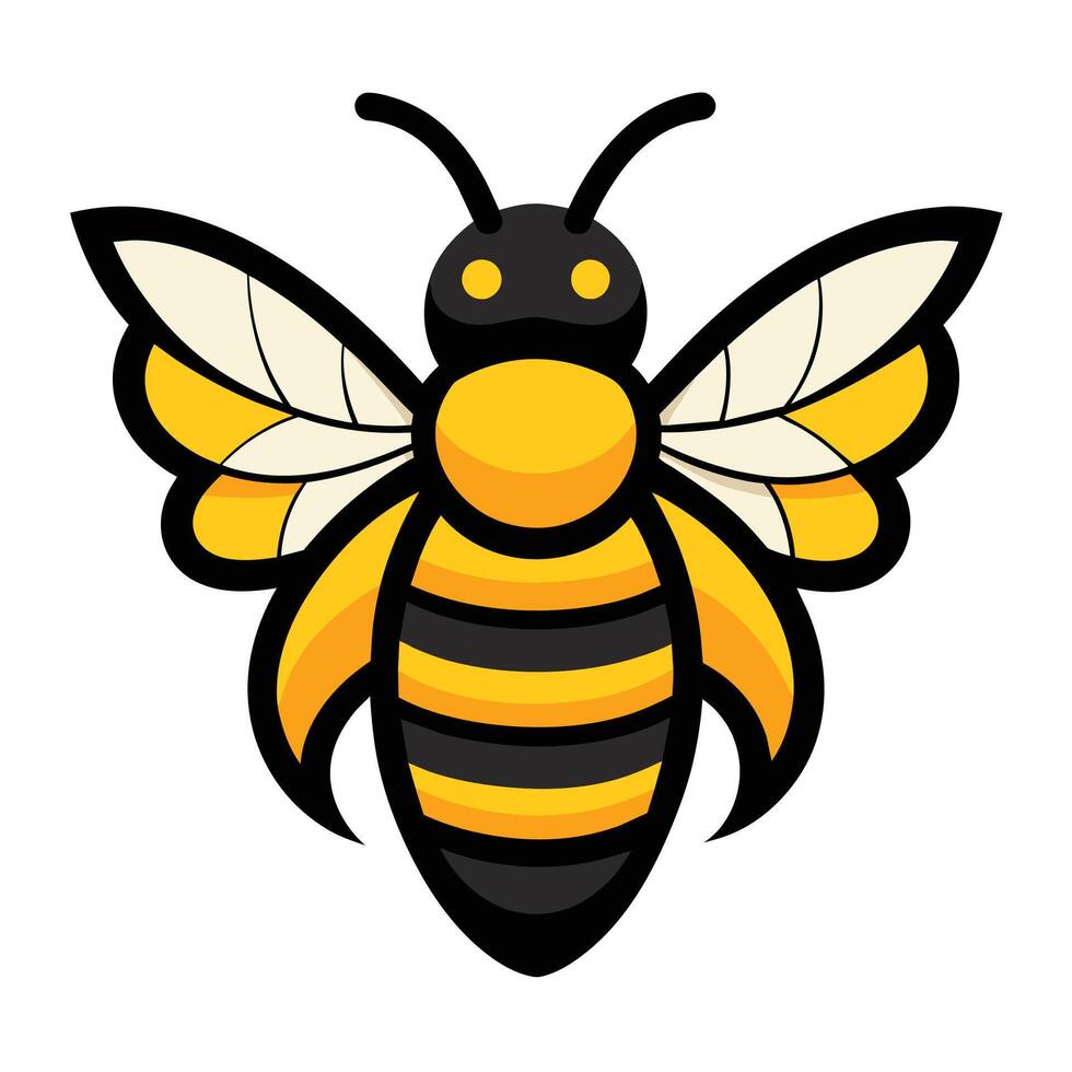A cartoon illustration of a honeybee with yellow and black stripes, large wings, and a black head. vector