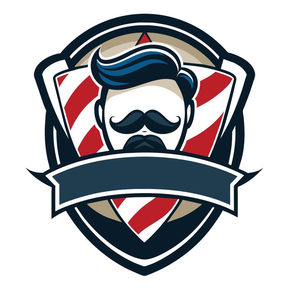 A vintage-style barber shop logo featuring a stylized image of a man with a mustache, a red and white barber pole, and a blank banner. vector