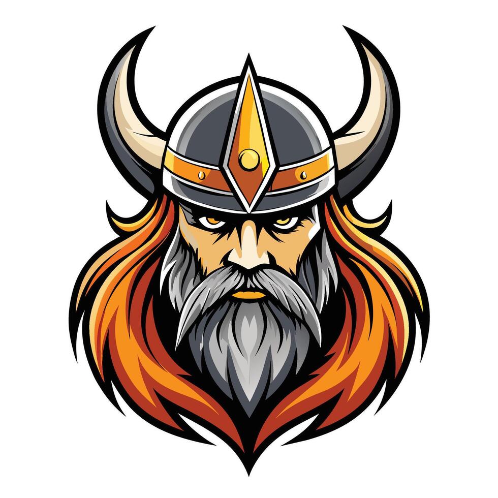 A digital illustration of a Viking warriors face, complete with horned helmet and a long, flowing beard. His stern expression suggests courage and strength. vector