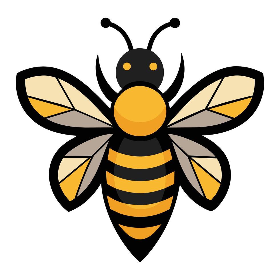 A cartoon illustration of a honey bee with black and yellow stripes and large wings. The bee is facing the viewer with its wings spread out. vector