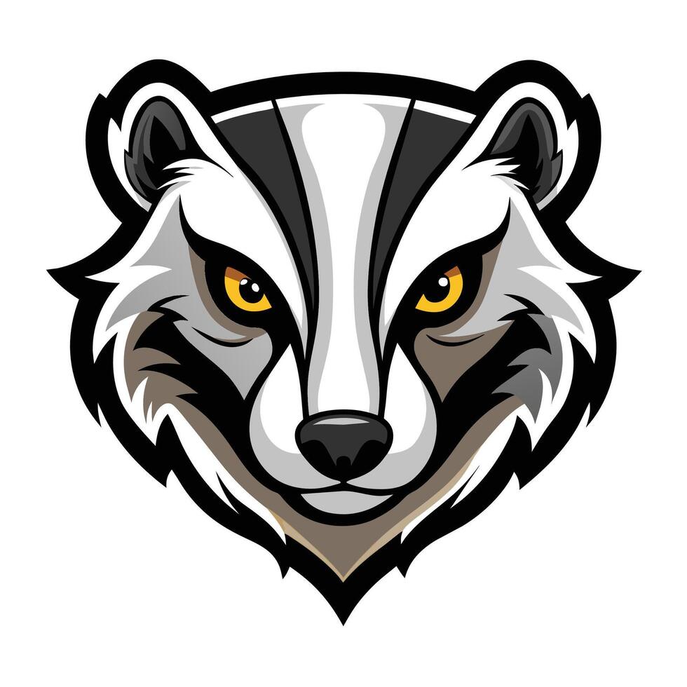 A graphic illustration of a badger head, with bold colors and strong lines. The badger has yellow eyes and is facing forward with an intense expression. vector