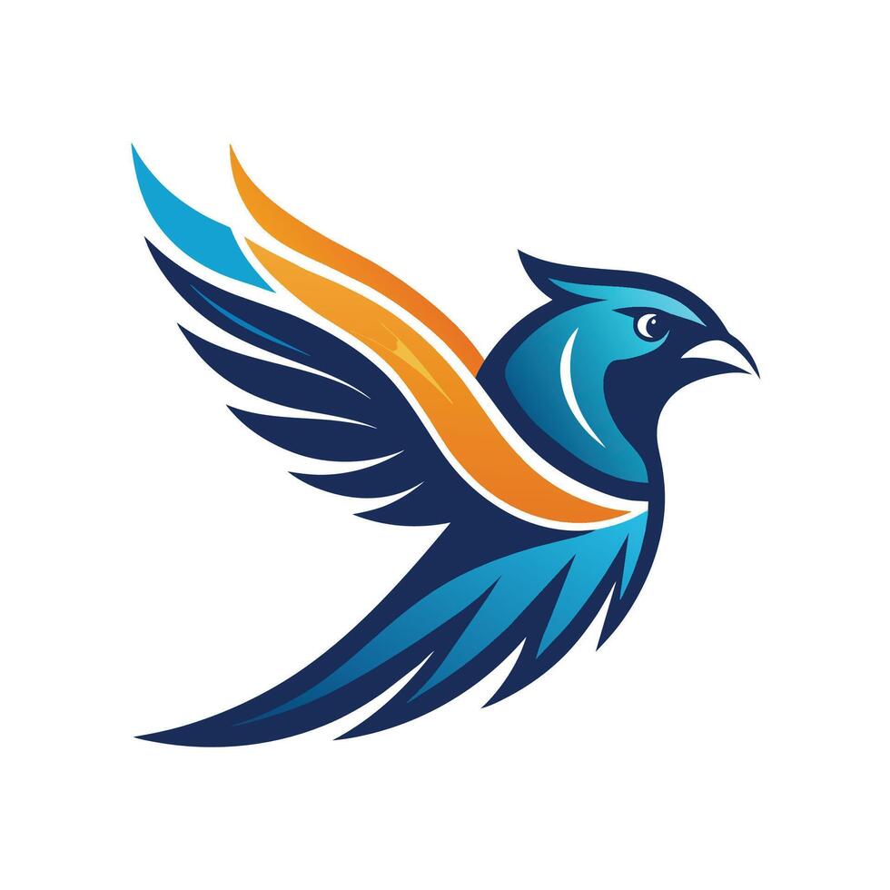 A stylized blue bird with orange accents is shown in flight with its wings spread wide. vector