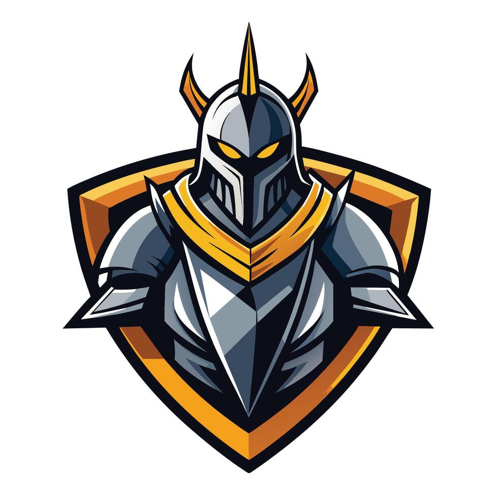 A illustration of a knight in full armor with a yellow shield behind him. Ideal for gaming, esports, or any industry requiring strength. vector