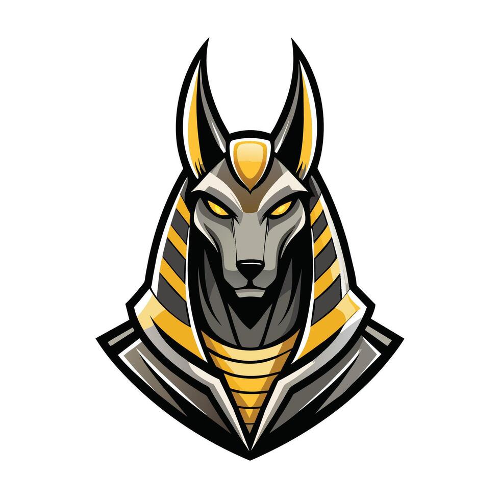 A digitally illustrated Anubis jackal head with golden collar and headwear, showcasing the deitys power and majesty. vector