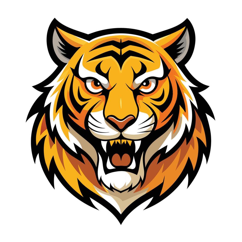 A close-up digital illustration of a tigers head, featuring sharp teeth and a menacing expression. vector