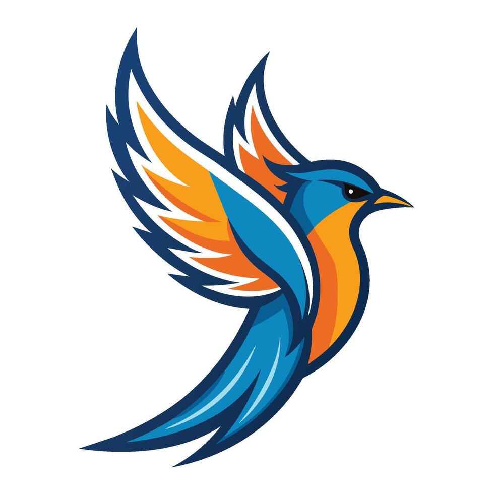 illustration of a stylized bird with blue and orange feathers in mid-flight. Dynamic pose conveys speed and agility. Minimalist logo, perfect as a brand symbol. vector