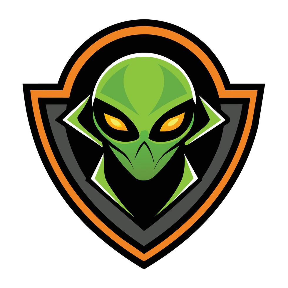 A green alien head is featured in a shield shaped emblem. The alien is wearing a black and white mask. The shield has an orange and black border. vector