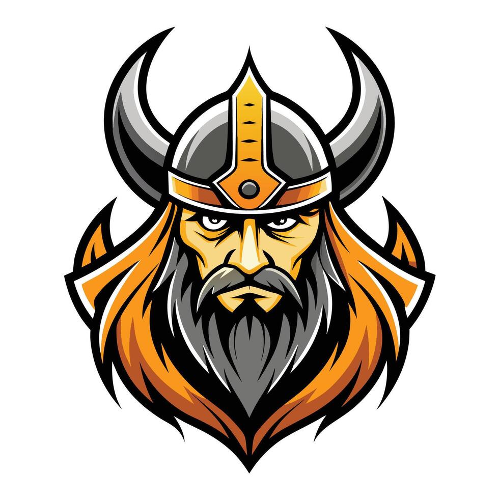 A digital illustration of a Viking warrior, depicted with a horned helmet, a fierce expression, and a long beard. vector