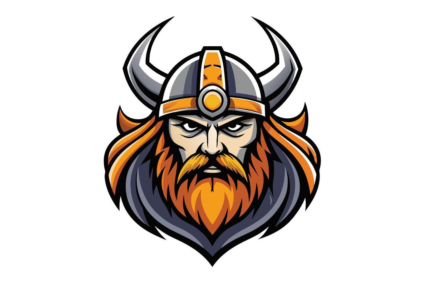 A cartoon illustration depicting the head of a Viking warrior, sporting a horned helmet and a large, bushy beard. vector