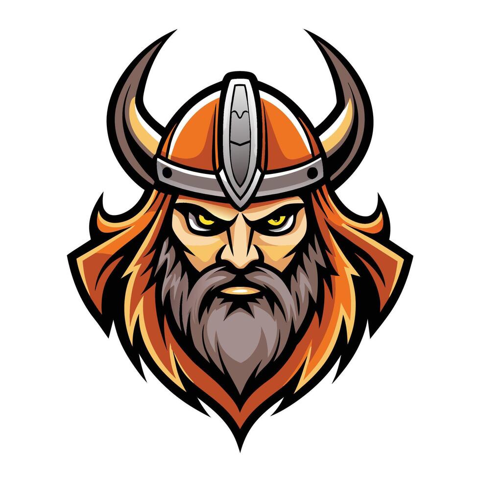 A cartoon illustration of a viking warrior wearing a horned helmet. The warrior has a fierce expression and a long, flowing beard. vector